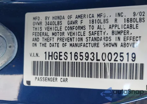 2003 Honda Civic Lx из США, поврежденный, VIN 1HGES16593L002519